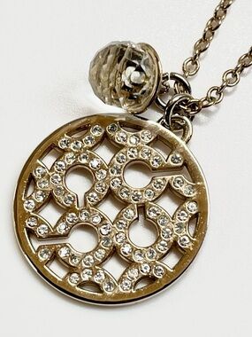 Coach Signature Goldtone Pave Medallion Necklace  EUC
